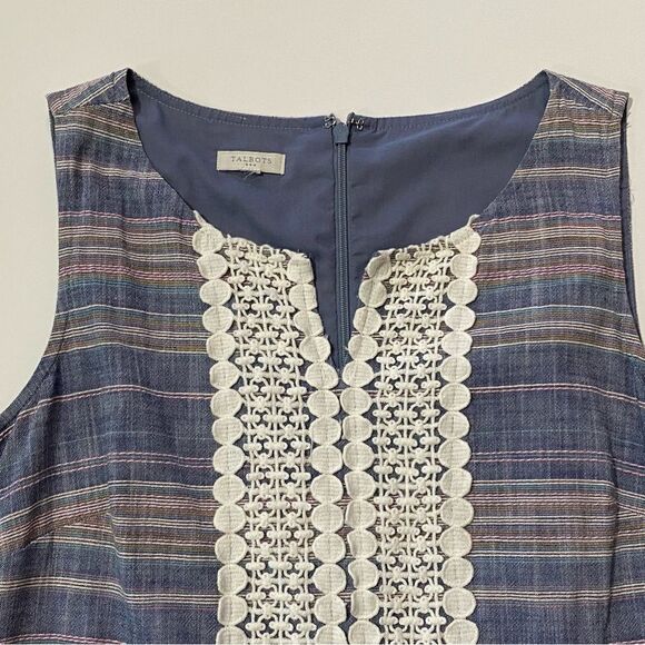 Talbots Striped Cotton Crochet Split Neck Embroidered Shift Dress With Pockets - Picture 9 of 16